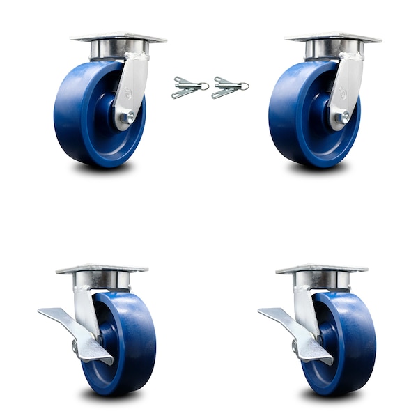 6 Inch Kingpinless Solid Poly Wheel Caster Swivel Locks 2 Brakes SCC, 2PK